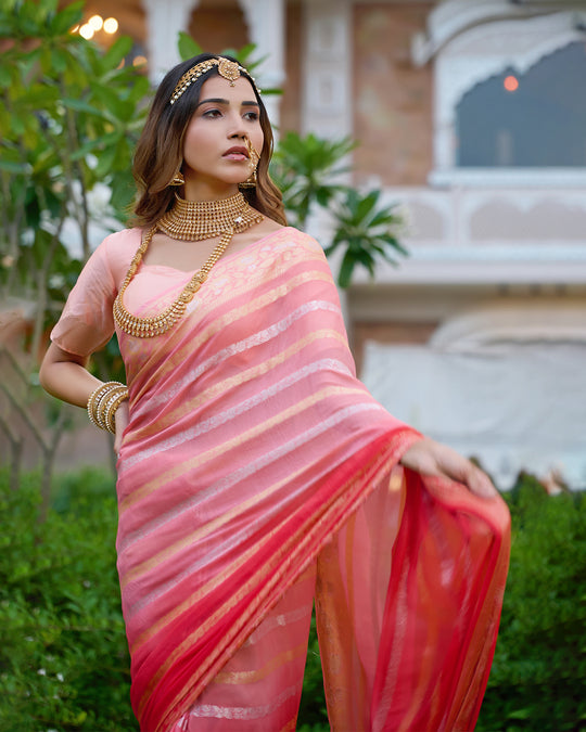 Peach Gleam Pure Chiffon Saree with Stripes Zari Woven Highlights