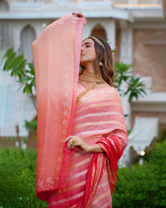 Peach Gleam Pure Chiffon Saree with Stripes Zari Woven Highlights
