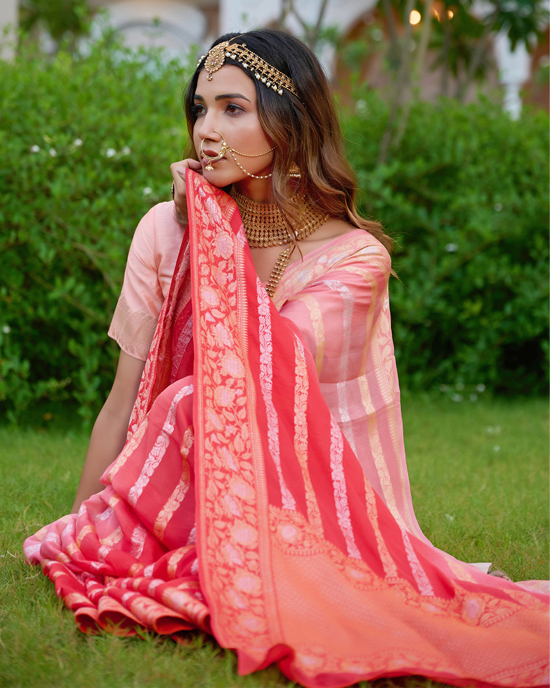 Peach Gleam Pure Chiffon Saree with Stripes Zari Woven Highlights