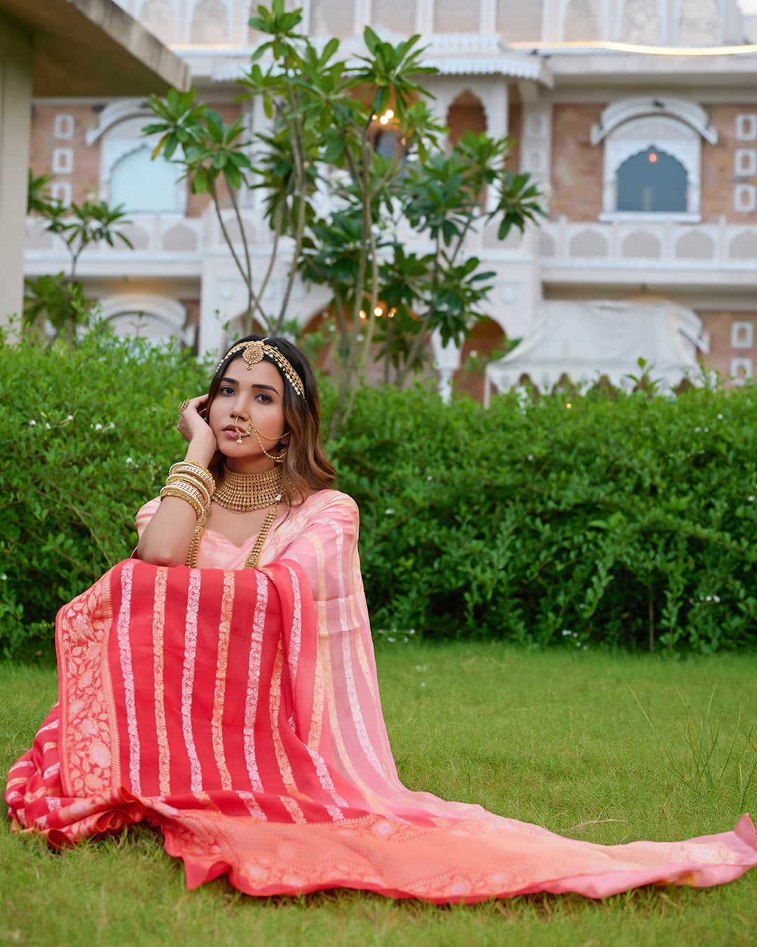 Peach Gleam Pure Chiffon Saree with Stripes Zari Woven Highlights