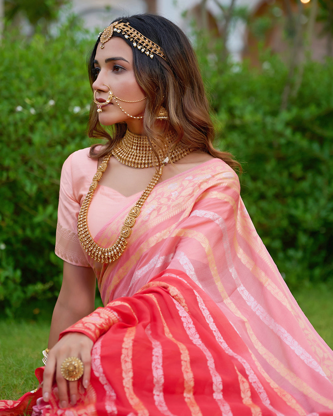 Peach Gleam Pure Chiffon Saree with Stripes Zari Woven Highlights