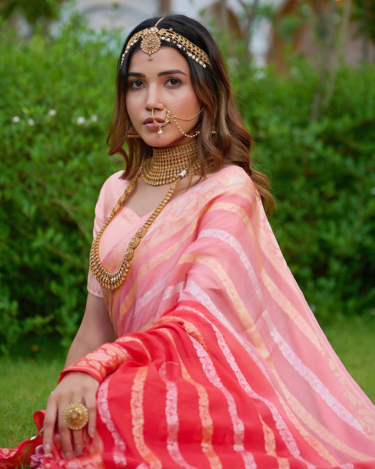 Peach Gleam Pure Chiffon Saree with Stripes Zari Woven Highlights