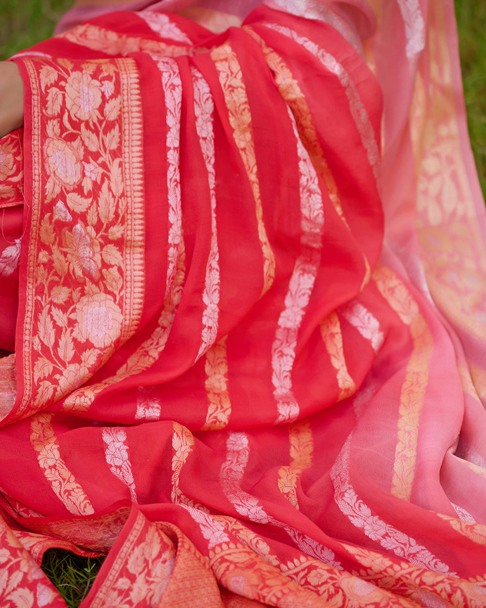 Peach Gleam Pure Chiffon Saree with Stripes Zari Woven Highlights