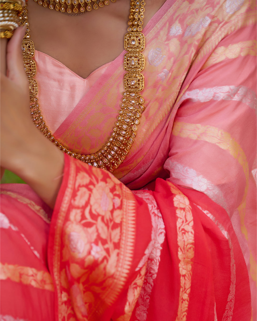 Peach Gleam Pure Chiffon Saree with Stripes Zari Woven Highlights