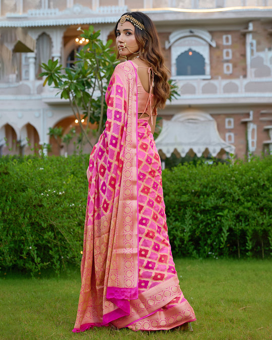 Rosy Radiance Rangkat Pure Chiffon Saree with Golden Lattice Weaves