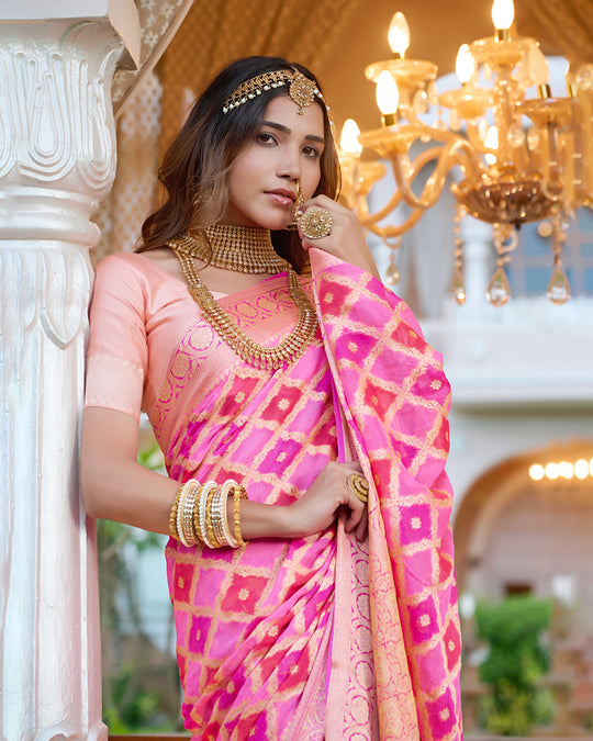Rosy Radiance Rangkat Pure Chiffon Saree with Golden Lattice Weaves