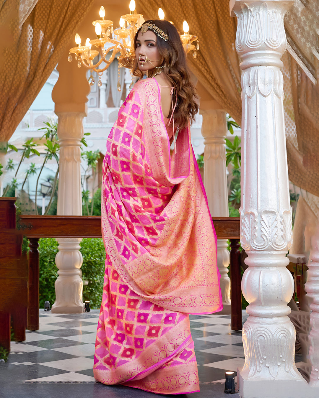 Rosy Radiance Rangkat Pure Chiffon Saree with Golden Lattice Weaves