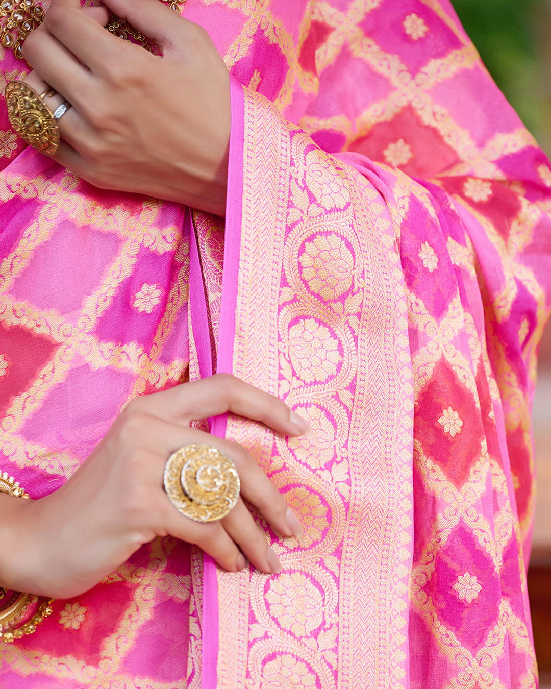 Rosy Radiance Rangkat Pure Chiffon Saree with Golden Lattice Weaves