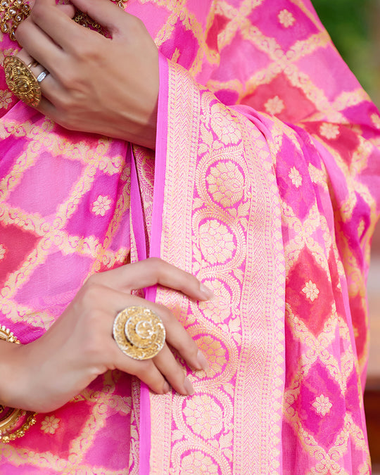 Rosy Radiance Rangkat Pure Chiffon Saree with Golden Lattice Weaves