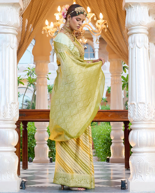 Pastel Olive Green Pure Chiffon Saree with Zari Striped Weaves