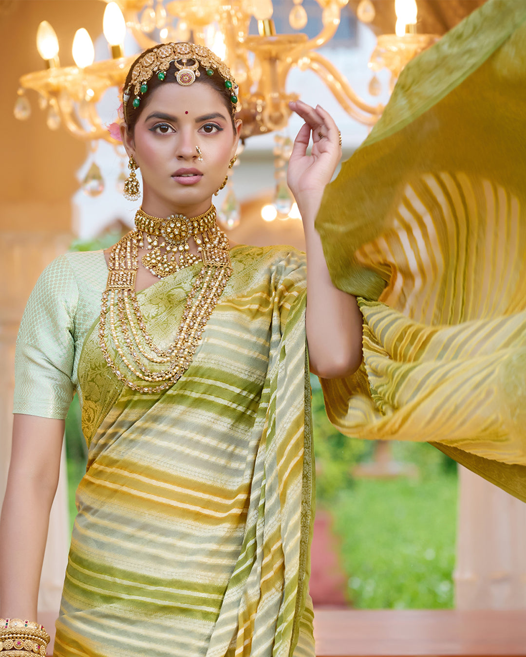 Pastel Olive Green Pure Chiffon Saree with Zari Striped Weaves