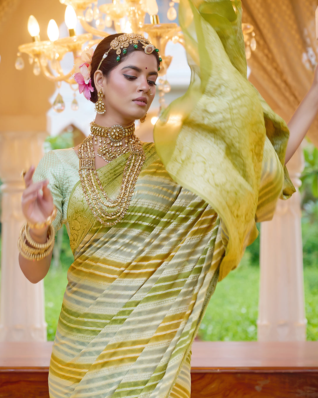 Pastel Olive Green Pure Chiffon Saree with Zari Striped Weaves