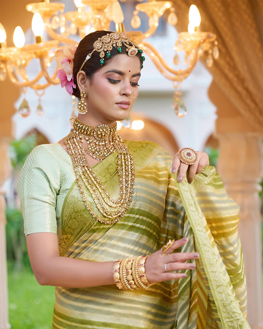 Pastel Olive Green Pure Chiffon Saree with Zari Striped Weaves