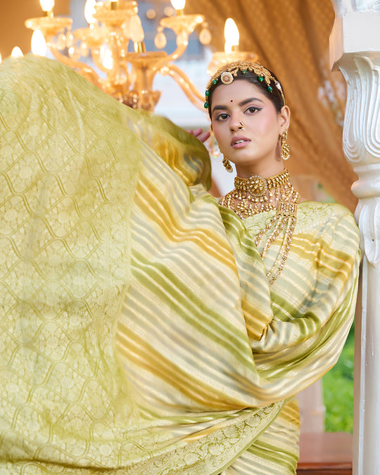 Pastel Olive Green Pure Chiffon Saree with Zari Striped Weaves