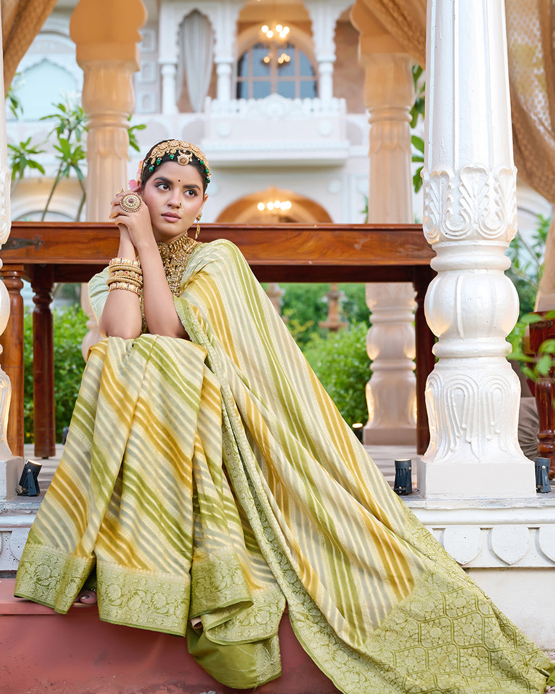 Pastel Olive Green Pure Chiffon Saree with Zari Striped Weaves