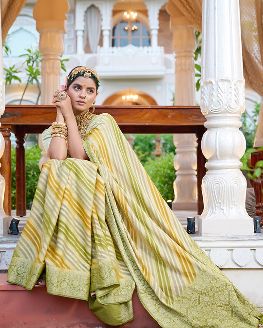Pastel Olive Green Pure Chiffon Saree with Zari Striped Weaves