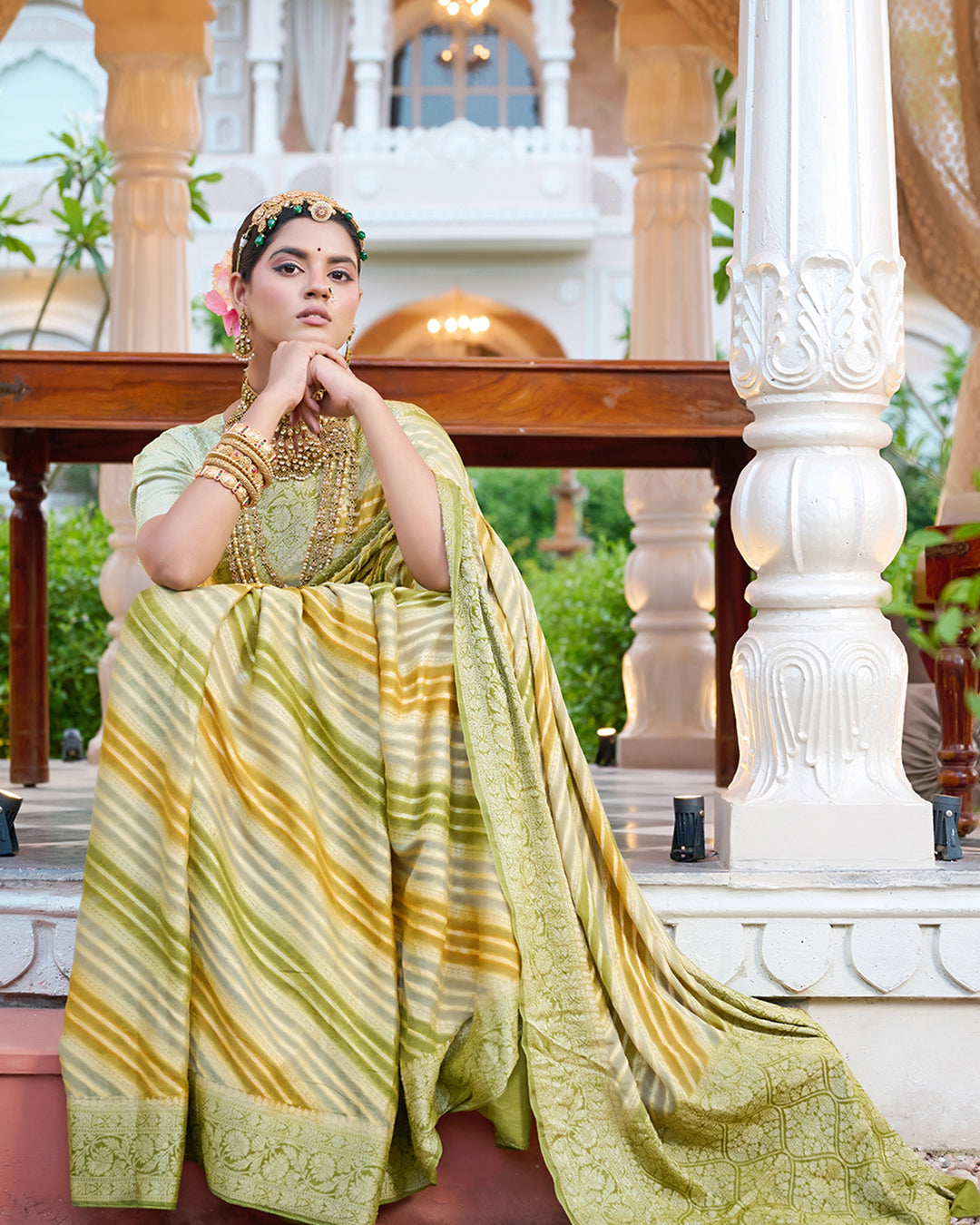 Pastel Olive Green Pure Chiffon Saree with Zari Striped Weaves
