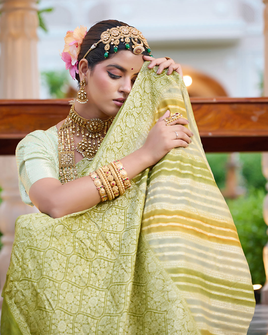 Pastel Olive Green Pure Chiffon Saree with Zari Striped Weaves