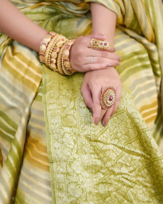 Pastel Olive Green Pure Chiffon Saree with Zari Striped Weaves
