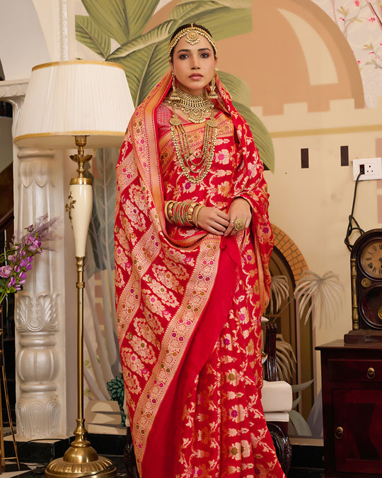 Red Pure Chiffon Saree with Graceful Floral Jaal Craftsmanship