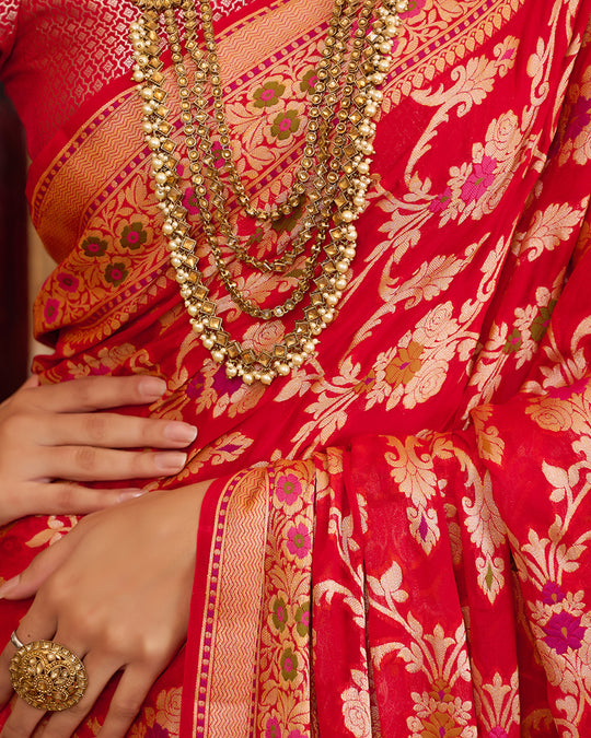 Red Pure Chiffon Saree with Graceful Floral Jaal Craftsmanship