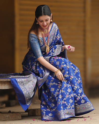Blue Radiance Pure Banarasi Saree Enchanting Floral Butidar Elegance