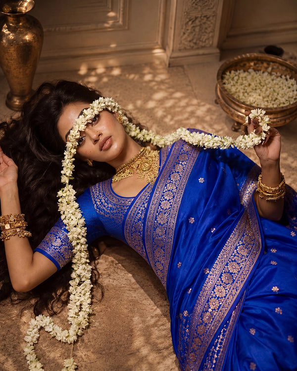 Royal Blue Pure Katan Saree with Buti Weaving and Rich Border