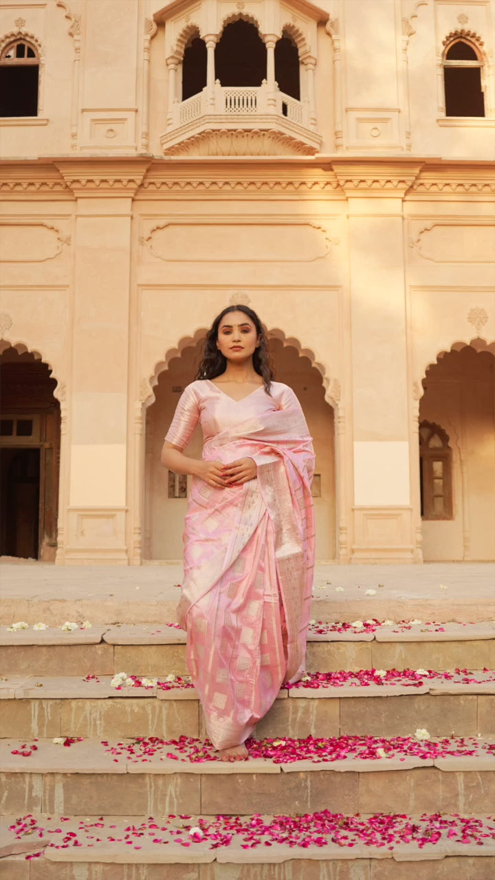 Carnation Pink Pure Katan Silk Saree with Exquisite Golden Jaal & Gilded Accents