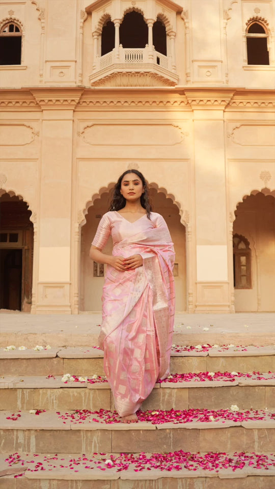 Carnation Pink Pure Katan Silk Saree with Exquisite Golden Jaal & Gilded Accents