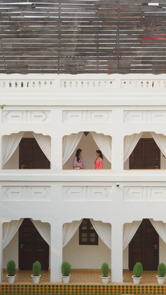Pink & Orange Pure Chiffon Saree in Traditional Lattice with Royal Jaal Design
