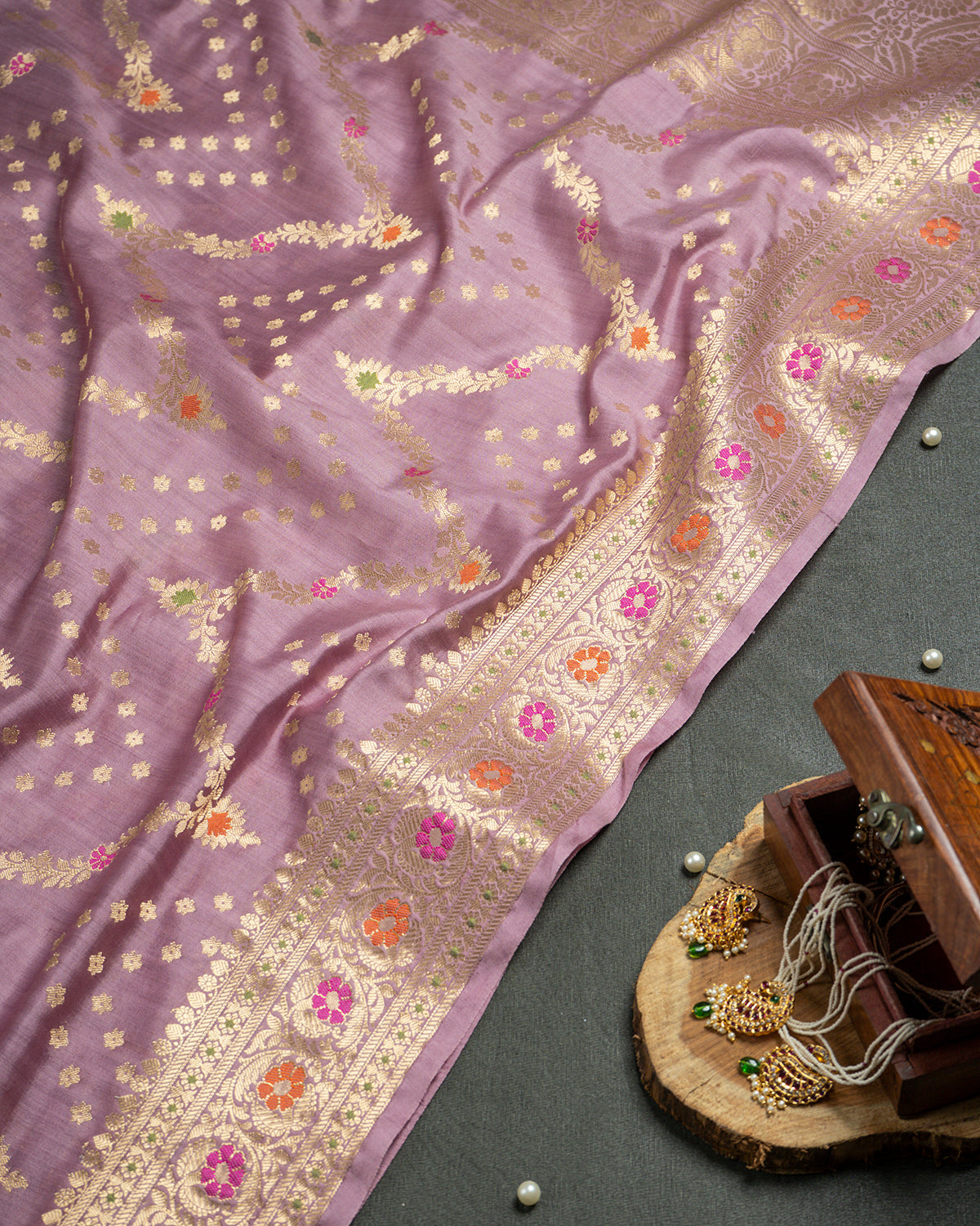 Banarasi Handloom Silk Saree with Floral Meenakari and Jhalar