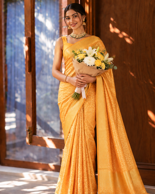 Mustard Pure Katan Saree with Floral Jaal Weaving