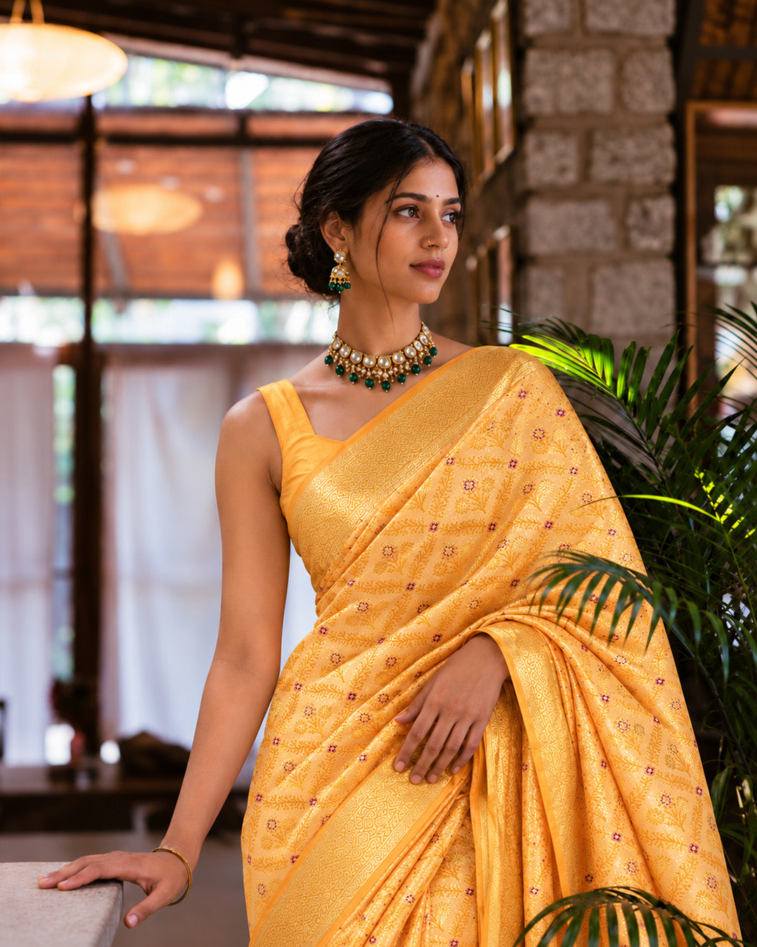 Mustard Pure Katan Saree with Floral Jaal Weaving