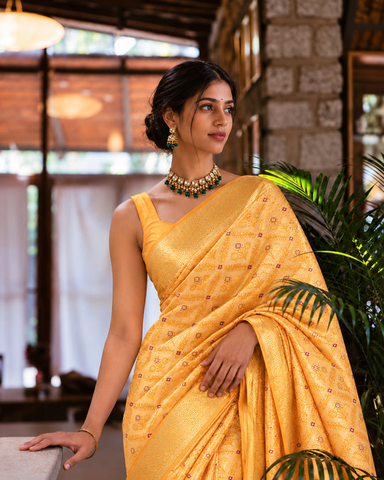 Mustard Pure Katan Saree with Floral Jaal Weaving