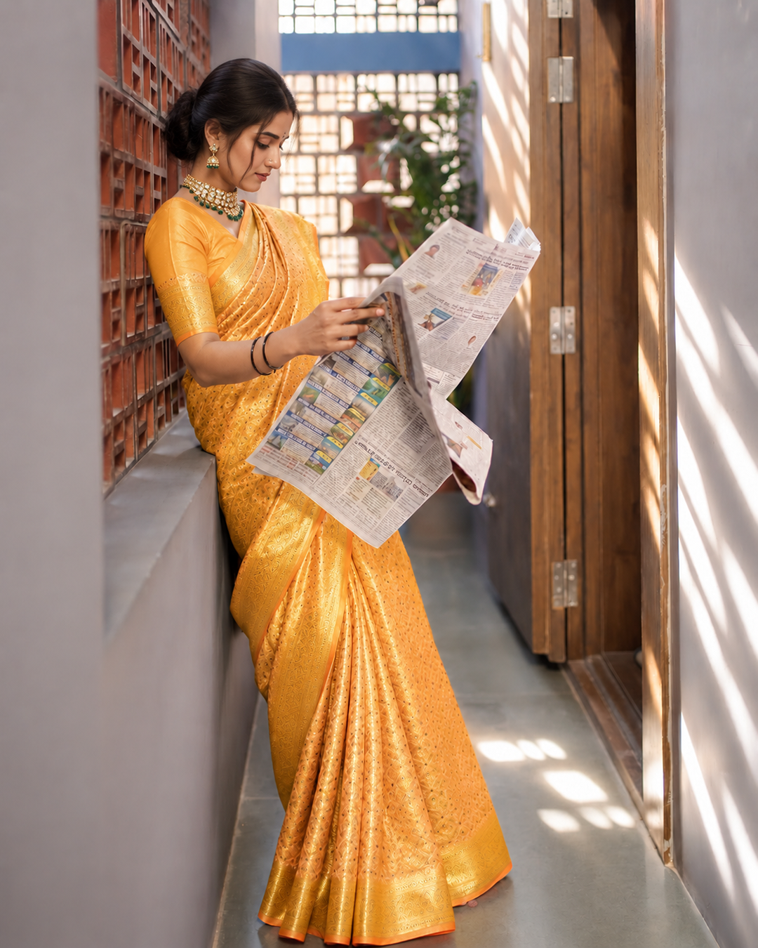Mustard Pure Katan Saree with Floral Jaal Weaving