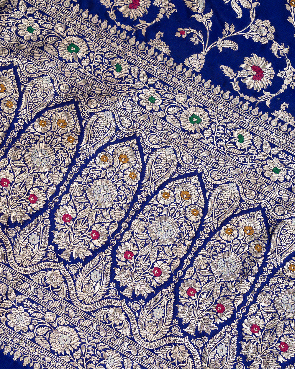 Royal Deep Blue Pure Katan Silk Saree Embellished with Artistic Detailing Intricate Motifs Floral Patterns