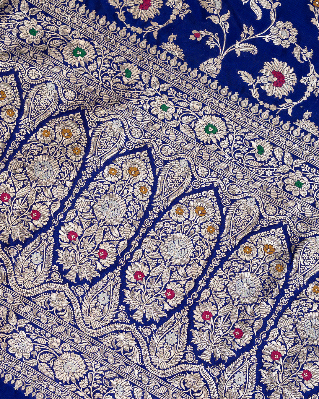 Royal Deep Blue Pure Katan Silk Saree Embellished with Artistic Detailing Intricate Motifs Floral Patterns