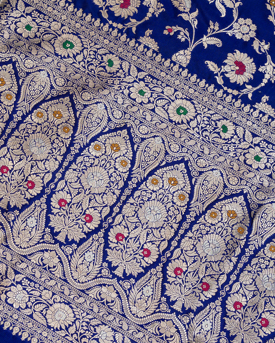Royal Deep Blue Pure Katan Silk Saree Embellished with Artistic Detailing Intricate Motifs Floral Patterns