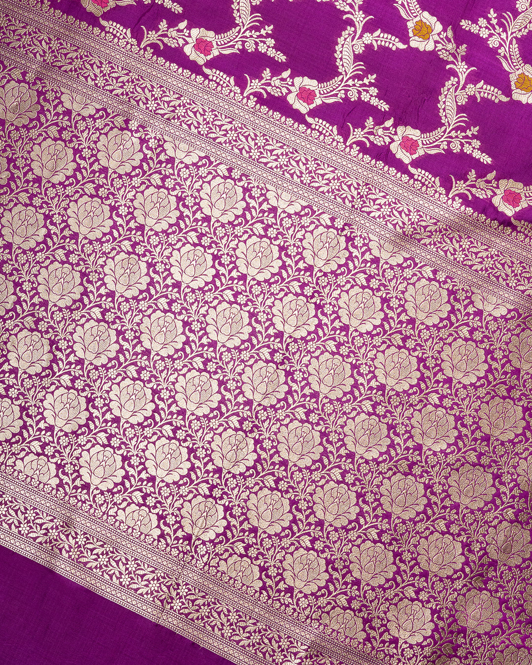 Royal Radiance Purple Katan Silk Saree Beautifully Adorned With Floral Fantasy & Rich Zari