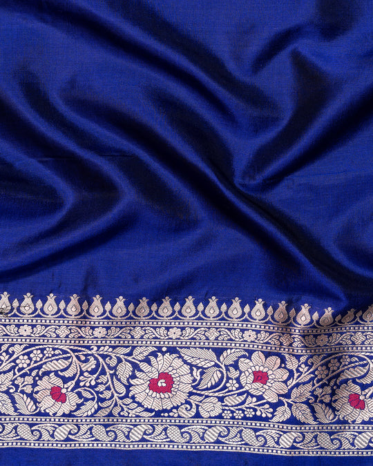 Royal Deep Blue Pure Katan Silk Saree Embellished with Artistic Detailing Intricate Motifs Floral Patterns