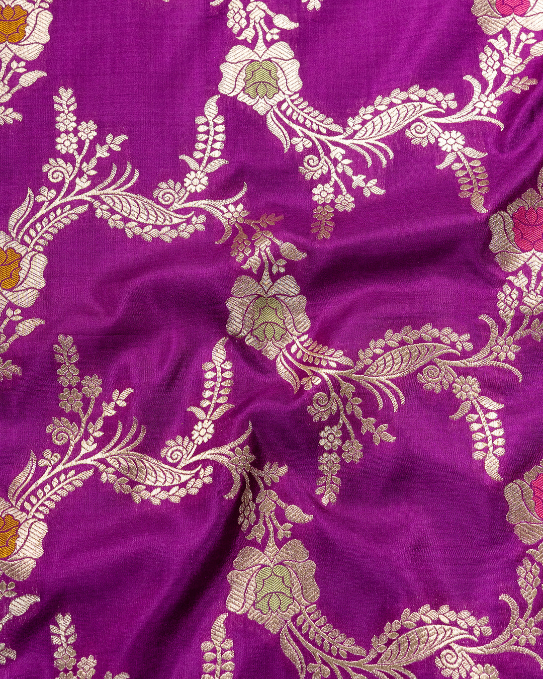 Royal Radiance Purple Katan Silk Saree Beautifully Adorned With Floral Fantasy & Rich Zari