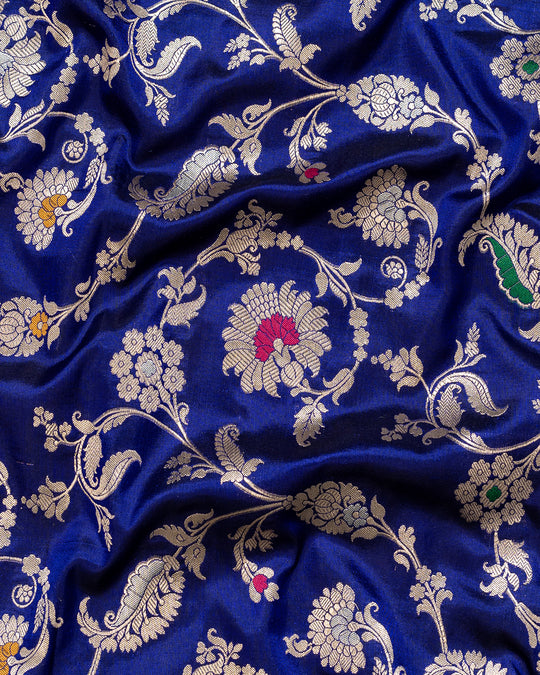 Royal Deep Blue Pure Katan Silk Saree Embellished with Artistic Detailing Intricate Motifs Floral Patterns
