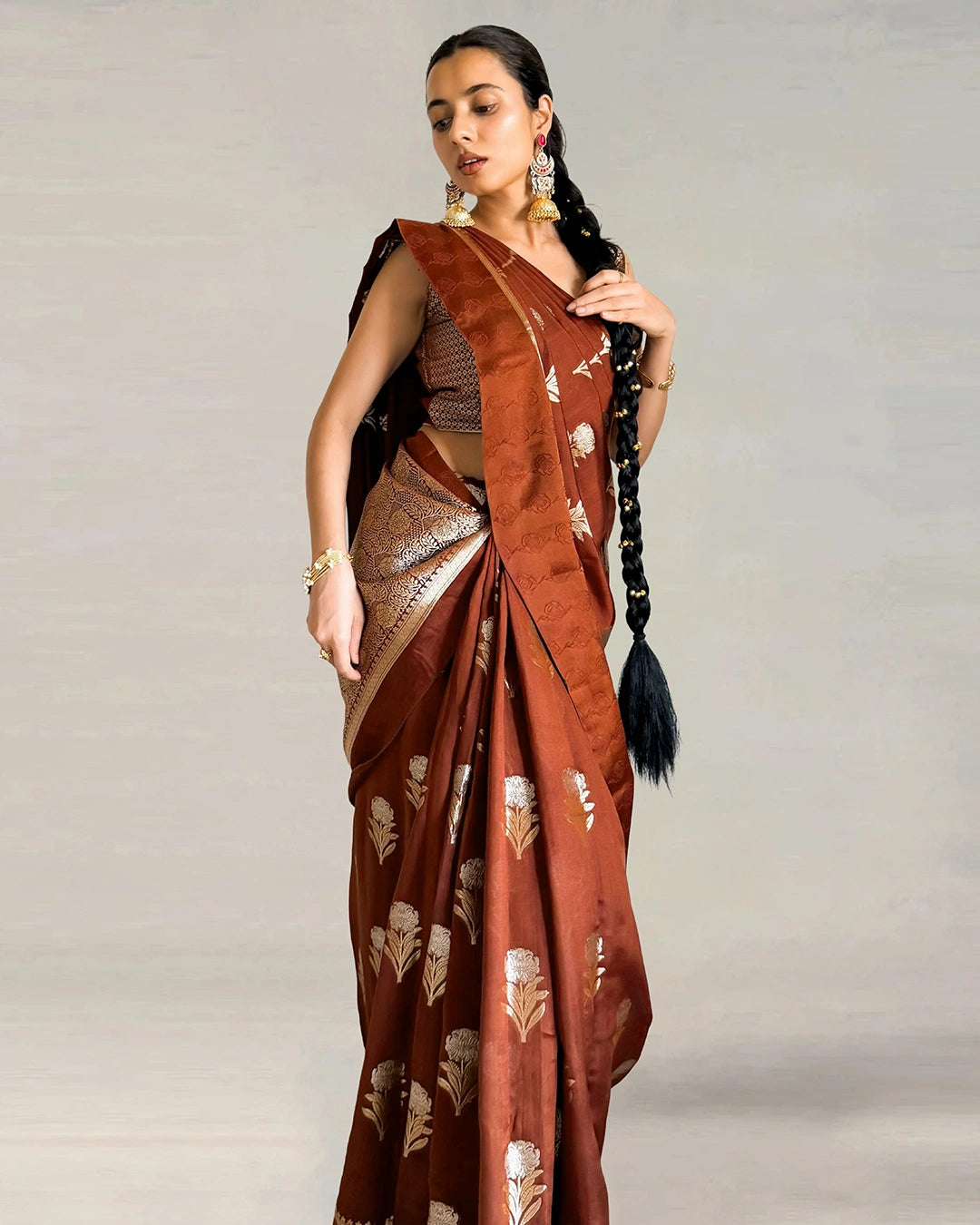 Brown Pure Banarasi Saree with Floral Buta Weaves