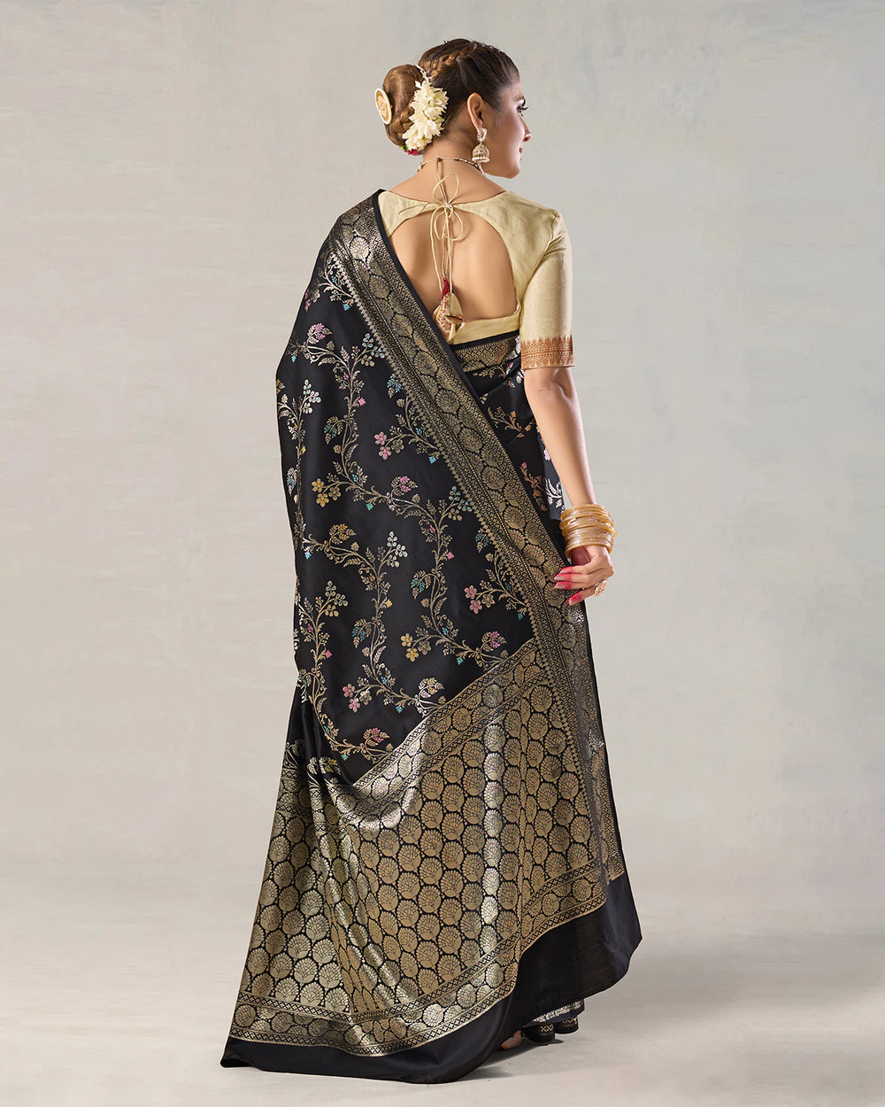 Charcoal Black Pure Banarasi Saree with Multicolor Floral Butta & Jaal