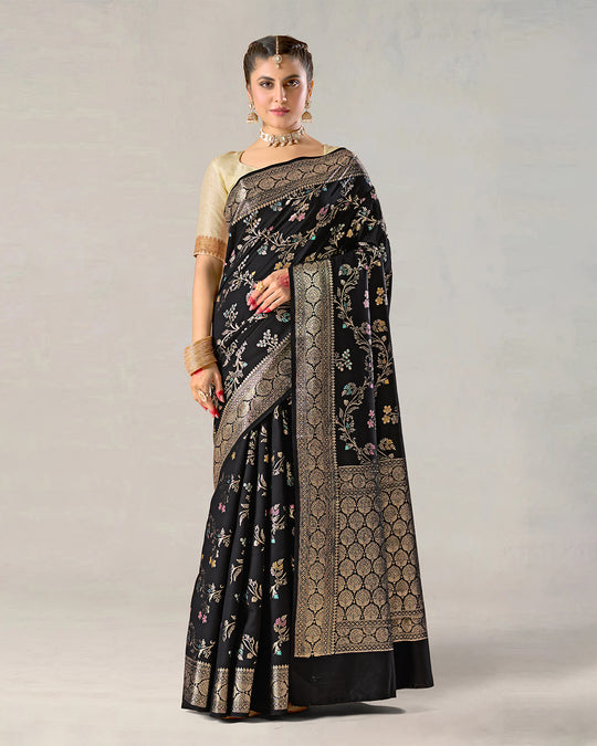 Charcoal Black Pure Banarasi Saree with Multicolor Floral Butta & Jaal