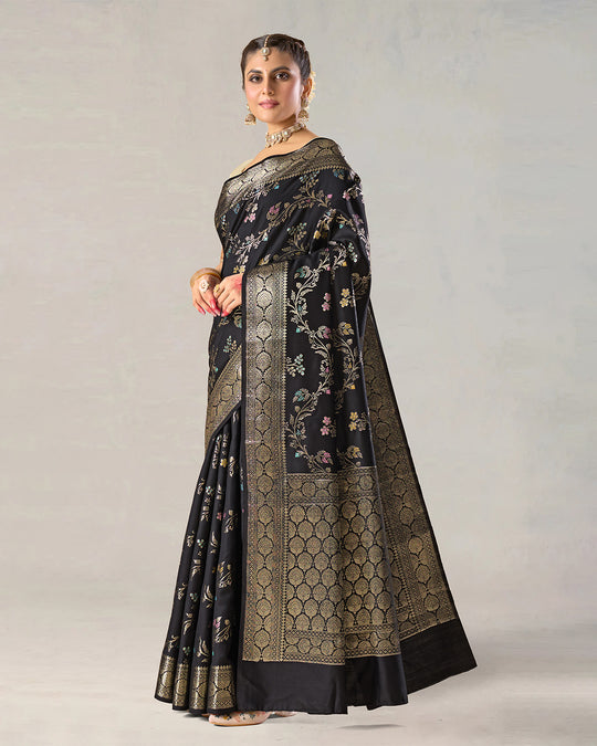 Charcoal Black Pure Banarasi Saree with Multicolor Floral Butta & Jaal