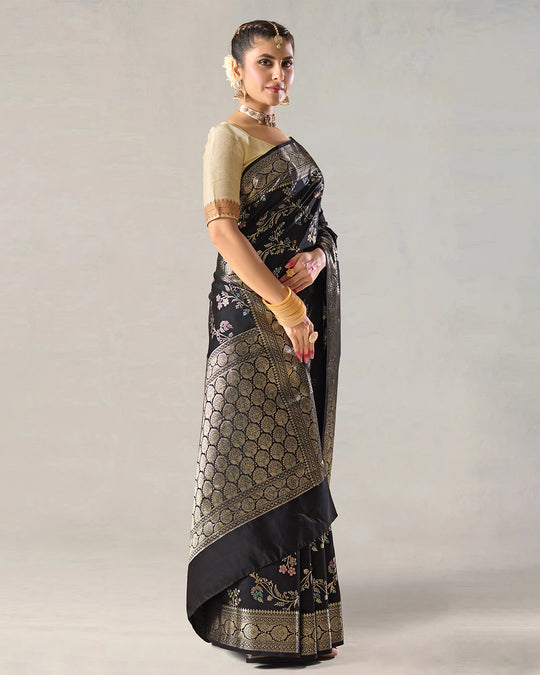 Charcoal Black Pure Banarasi Saree with Multicolor Floral Butta & Jaal
