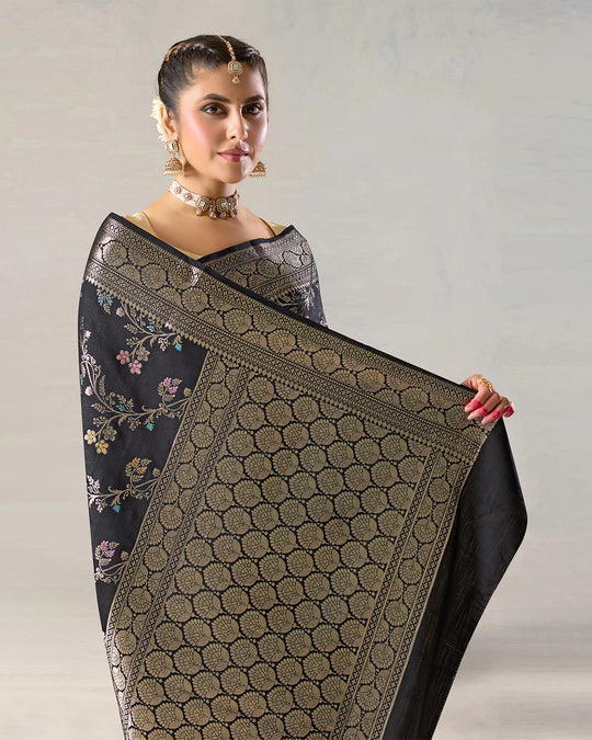 Charcoal Black Pure Banarasi Saree with Multicolor Floral Butta & Jaal