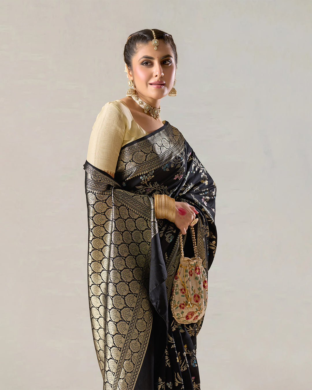 Charcoal Black Pure Banarasi Saree with Multicolor Floral Butta & Jaal