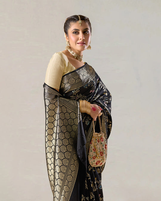 Charcoal Black Pure Banarasi Saree with Multicolor Floral Butta & Jaal